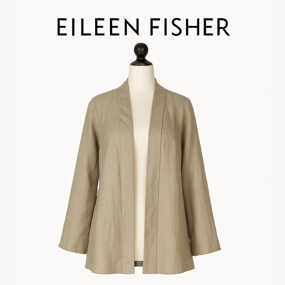 Eileen Fisher Organic Linen Drape Lagan Look Beige/Tan Open Jacket